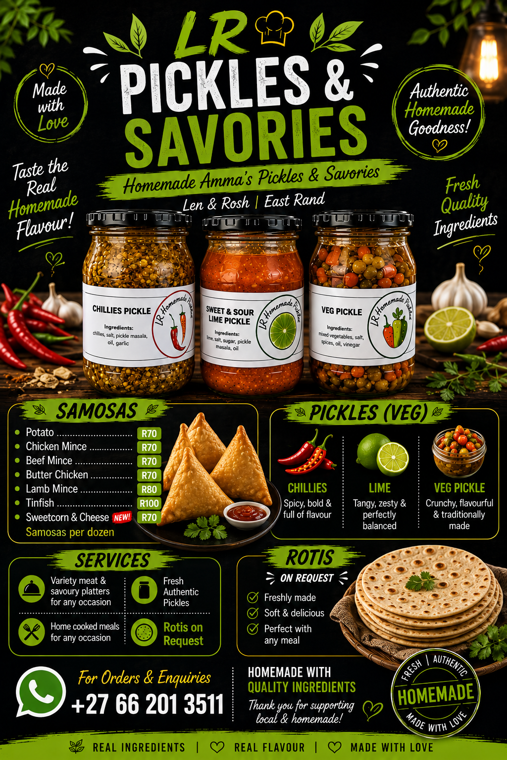 LR Pickles & Savories jars of Chillies Pickle, Sweet & Sour Lime Pickle and Veg Pickle